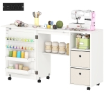 HOMCOM Rolling Sewing Machine Table with Power Outlet, Folding Craft Table with 2 Fabric Drawers, 2 Bins and 18 Pegs, White