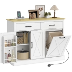 HOMCOM 7 Gallon Tilt Out Garbage Cabinet, Kitchen Island with Charging Station, 2 Drawers, 4 Door Racks, White