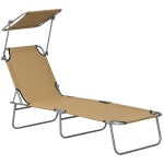 Outsunny Outdoor Lounge Chair, Adjustable Folding Chaise Lounge with Sun Shade for Beach, Camping, Hiking, Brown