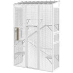 PawHut Wooden Catio Outdoor Cat Enclosure with 6 Jumping Platforms, Scratching Post, 2 Ramps, Waterproof Roof, White
