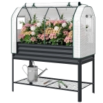 Outsunny Galvanised Raised Garden Bed with Greenhouse Cover, Metal Elevated Garden Bed with Bed Liner, Bottom Shelf, Black