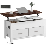 HOMCOM Lift Top Coffee Table, Center Table with 3 Hidden Compartments, 2 Fabric Drawers, Expandable Top and Charging Station