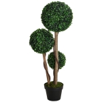 HOMCOM 35 Inch Potted Fake Plant, Artificial Boxwood Topiary Tree, Triple Ball Tree for Indoor and Outdoor, Dark Green