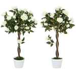 Outsunny 3FT Artificial Plant White Rose Floral Set of 2 in Pot, Fake Plant for Home Indoor Decor