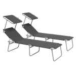 Outsunny 2Pcs Outdoor Lounge Chair, Adjustable Folding Chaise Lounge with Sun Shade for Beach, Camping, Hiking, Grey