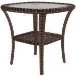 Outsunny Outdoor Coffee Table with Storage Shelf, Hand-Woven Wicker Side Table with Water-Ripple Glass Top, Mix Brown