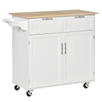 HOMCOM Rolling Kitchen Island with Storage Drawers, Kitchen Cart with Rubber Wood Top, Cabinet & Towel Rack, White