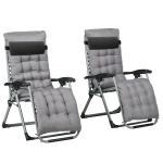 Outsunny Folding Garden Chairs Set of 2, Reclining Zero Gravity Chair, Sun Lounger with Cushion and Headrest, Dark Grey