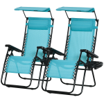 Outsunny 2 Piece Foldable Lounge Chair with Canopy Shade, Outdoor Zero Gravity Chair w/ Side Tray & Cup Holder, Reclining Lounger w/ Breathable Mesh Fabric Seat, Pillow, Sky Blue