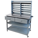 Outdoor Potting Bench Table with 2 Large Drawers, 4 Lockable Wheels, Wooden Kitchen Island with Stainless Steel Top, 52'' L x 22'' W x 65'' H, Grey+Blue