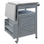 Outdoor Grill Cart with Stainless Steel Top and Large Drawer, Solid Fir Wood Storage Cabinet with Drop Leaf, 40.5'' L x 21'' W x 36'' H, Blue+Grey