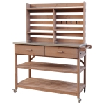 Outdoor Potting Bench Table with 2 Large Drawers, 4 Lockable Wheels, Wooden Kitchen Island with Stainless Steel Top, 52'' L x 22'' W x 65'' H, Brown