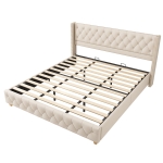 King Size Linen Upholstered Bed with Diamond Tufted Buttons, Solid Bedboard with Sturdy Wood Legs, 80.5'' L x 82.5'' W x 42.5'' H, Beige