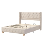 Full Size Upholstered Platform Bed with Diamond Tufted Headboard, Extra‑Wide Bedboard with Wooden Legs, 58.5'' L x 78'' W x 42.5'' H, Beige
