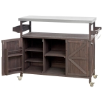 Outdoor Kitchen Island with Stainless Steel Top and Spice Rack, Rolling Bar Cart with Adjustable Shelves, 50'' L x 18.5'' W x 36'' H, Dark Brown