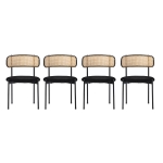 Set of 4 Velvet Dining Chairs with PE Rattan Backrest, Modern Leisure Chairs with Sturdy Metal Legs, 19.5'' L x 20'' W x 29.5'' H, Black+Natural