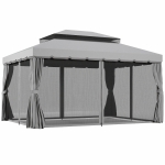 Outsunny 13' x 10' Patio Gazebo Canopy with 2-Tier Polyester Roof, Vented Mesh Sidewall & Strong Aluminum Frame, Light Grey