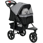 PawHut 3 Wheel Folding Dog Stroller, Travel Carrier with Adjustable Canopy, Storage Brake, Mesh Window for S&M Dogs Grey