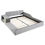 Queen Size Upholstered Bed with Built-In Bedside Desk and Round Stool, Solid Bedboard with Sturdy MDF Frame, 85'' L x 73'' W x 29'' H, Gray