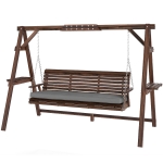 Outsunny 3 Seat Wooden Porch Swing with Stand, Patio Swing with Cushion, for Garden, Poolside, Backyard, Carbonized Brown