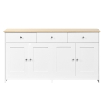 Modern Sideboard Buffet Cabinet with 3 Drawers and 4 Doors, Rustic Storage with Adjustable Shelves, 55'' L x 14.5'' W x 29.5'' H, White+Wood