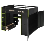 Full Size Wood Loft Bed with Built-In Desk and Gaming Station, Sturdy Bed Frame for Gamers and Multitaskers, 78.5'' L x 56.5'' W x 65'' H, Green