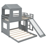 Wooden Twin-Over-Full Bunk Bed with Integrated 3-Step Ladder and Guardrails, Playhouse Loft Bed with Slide, 82'' L x 89'' W x 82.5'' H, Gray