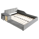 Full Size Upholstered Bed with Built-in Bedside Desk and Round Stool, Solid Bedboard with Plywood & MDF Frame, 80'' L x 68'' W x 29'' H, Gray
