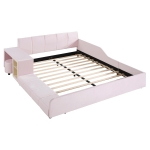 Queen Size Upholstered Platform Bed with Bedside Desk and Round Stool, Low-Profile Bed with Safety Rails, 85'' L x 73'' W x 29'' H, Pink