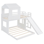 Twin-Over-Full Playhouse Bunk Bed Loft with Slide and 3-Step Ladder, Farmhouse Bed Frame with Guardrails, 82'' L x 89'' W x 82.5'' H, White