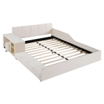 Queen Size Upholstered Bed with Built-In Bedside Desk and Round Stool, Solid Bedboard with Sturdy MDF Frame, 85'' L x 73'' W x 29'' H, Beige