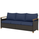 Outsunny 3 Seater Outdoor Couch Sofa, PE Wicker Patio Sofa, Wide Deep Seat, 4" Cushions, Wood-Effect Armrests Legs, Dark Blue