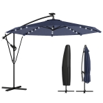 Outsunny 9.7ft Solar LED Cantilever Patio Umbrella with 32 LED Lights, Cross Base, Crank Handle, for Poolside, Deck, Dark Blue