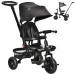 Qaba Tricycle for Toddler 4 in 1 Kids Trike with Reversible Adjustable Seat, Baby Push Bike with Removable Handle, Curved Canopy, Belt Storage Brake Clutch for 1-5 Years, Black