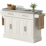 HOMCOM Rolling Kitchen Island with Stainless Steel Top, 2 Drawers, Spice, Knife and Towel Rack and Cabinets, Cream White