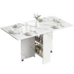 HOMCOM Extendable Dining Table, Collapsible Folding Table with 2-tier Shelves and Rolling Casters, Marble White