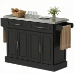 HOMCOM Rolling Kitchen Island Cart with 47" Stainless Steel Top, Portable Island Table for Kitchen with Wheels, Adjustable Shelves, 2 Drawers, Spice, Knife and Towel Rack, Black