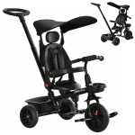 Qaba Tricycle for Toddler 4 in 1 Kids Trike with Reversible Adjustable Seat, Baby Push Bike with Removable Handle, Flat Canopy, Belt Storage Brake Clutch for 1-5 Years, Black