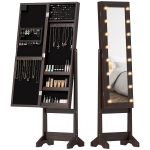 HOMCOM Free Standing Armoire Organizer, Lighted Mirrored Jewelry Cabinet w/ Angle Adjustable & 16 LED Lights, Dark Brown