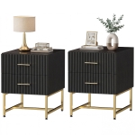HOMCOM 2 Pieces Nightstands with Storage, Modern Bedside Tables with 2 Fluted Drawers and Gold Legs for Bedroom, Black