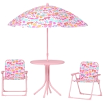 Qaba Kids Picnic Table and Chair Set, Outdoor Table with Foldable Chairs, Removable Umbrella, Pink