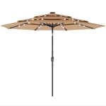 Outsunny 9.3 ft Patio Umbrella with Solar LED Lights, Cover, 3 Tier Outdoor Market Table Parasol with Tilt, Crank, Khaki