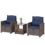 Outsunny 5 Piece Patio Furniture Set, Wicker Patio Chairs with Ottomans, 2-Tier Glass Coffee Table and Cushions, Brown/Dark Blue