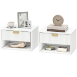 HOMCOM Set of 2 Wall Mounted Bedside Tables, Floating Nightstands with Fluted Drawer and Open Shelf for Bedroom, White