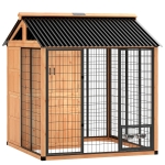 PawHut 7' x 6' Extra Large Dog House, Wood Outdoor Dog Kennel with Storage Cabinet, Stainless Steel Bowls, Light Yellow