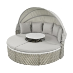Round Rattan Patio Daybed with Retractable Canopy and Table, Versatile Sunbed with Separate Garden Seating, 66.5" L x 65" W x 53.5" H, Gray