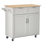 HOMCOM 41" Kitchen Island with Storage and Solid Wood Top, Rolling Kitchen Cart on Wheels with 2 Storage Drawers, 2 Doors and Towel Rack for Dining Room, Grey