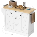 HOMCOM Farmhouse Kitchen Island Cart with Power Outlet and Soft-Close Doors, 49" Kitchen Island with 3 Drawers, White