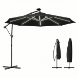 Outsunny 10 ft Offset Patio Umbrella with Solar Light, Garden Hanging Parasol with 360° Rotation, Tilt, Cover, Black