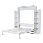 Queen Size Murphy Bed with Shelves and LED Lights, Space-Saving Wall Bed with Flexible Slats, 93.5" L x 84.5" W x 88.5" H, White